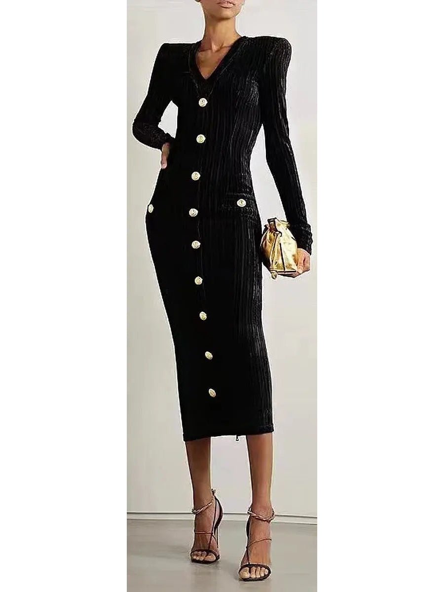 Button-Embellished Corduroy Velvet Dress In Black - Branna Couture