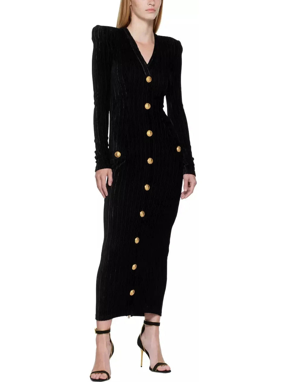 Button-Embellished Corduroy Velvet Dress In Black - Branna Couture