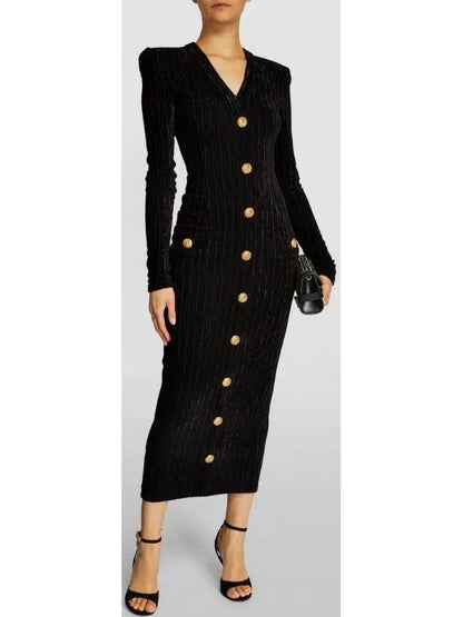 Button-Embellished Corduroy Velvet Dress In Black - Branna Couture