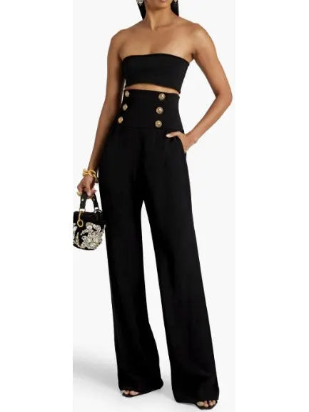 Button-Embellished Crepe Wide-Leg Pants - Branna Couture