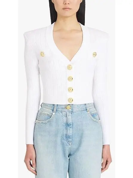 Button-Embellished Cropped Knit Cardigan, White - Branna Couture