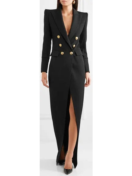 Button-Embellished Double-Breasted Dress, Black - Branna Couture