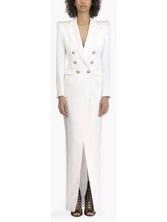 Button-Embellished Double-Breasted Dress, White - Branna Couture