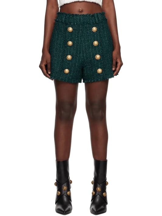 Button-Embellished Green Tweed Shorts - Branna Couture