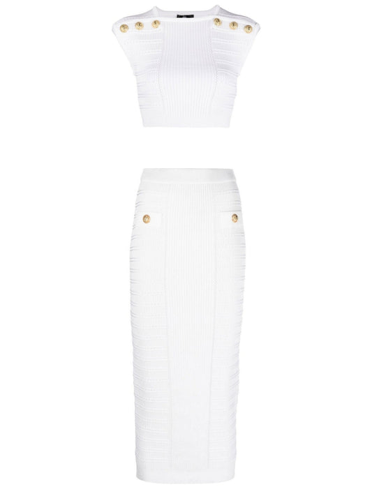 Button-Embellished Knit Crop Top and Skirt Set, White - Branna Couture