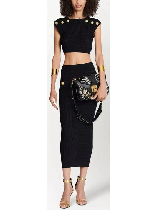 Button-Embellished Knit Crop Top and Skirt Set, Black - Branna Couture