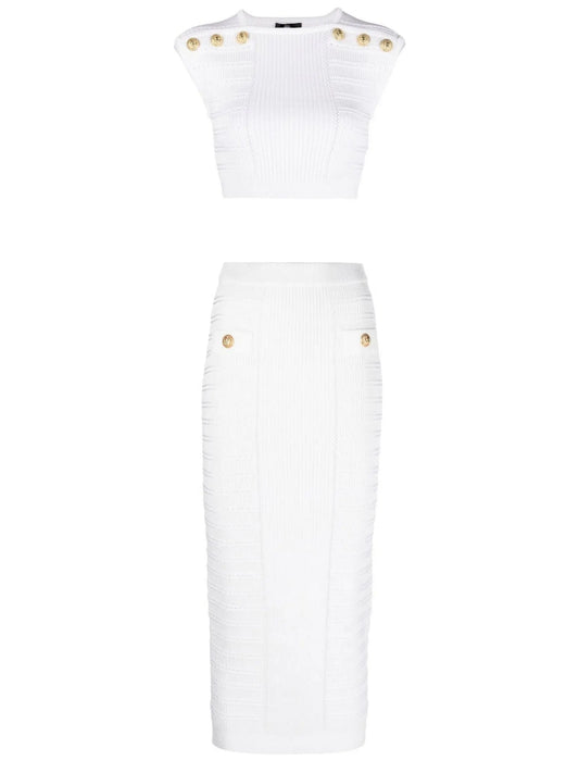 Button-Embellished Knit Crop Top and Skirt Set, White - Branna Couture