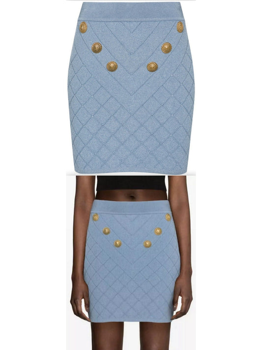 Button-Embellished Knit Mini Skirt, Blue - Branna Couture