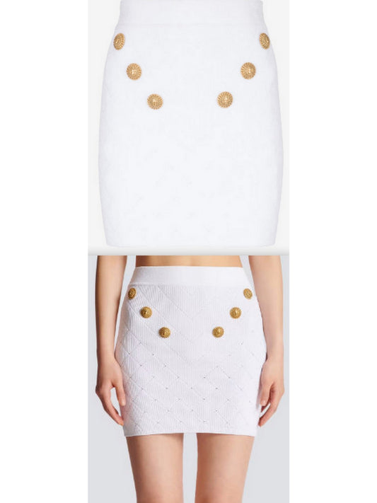 Button-Embellished Knit Mini Skirt, White - Branna Couture