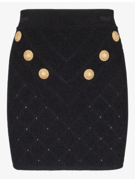 Button-Embellished Knit Mini Skirt, Black - Branna Couture