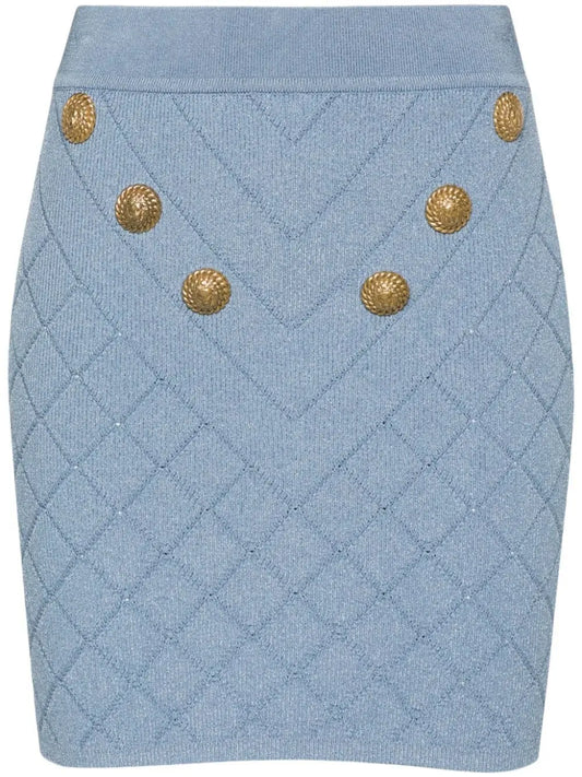 Button-Embellished Knit Mini Skirt, Blue - Branna Couture