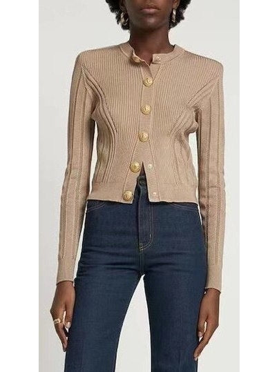 Button Embellished Knitted Cardigan in Beige - Branna Couture