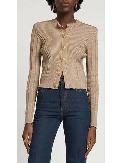 Button Embellished Knitted Cardigan in Beige - Branna Couture