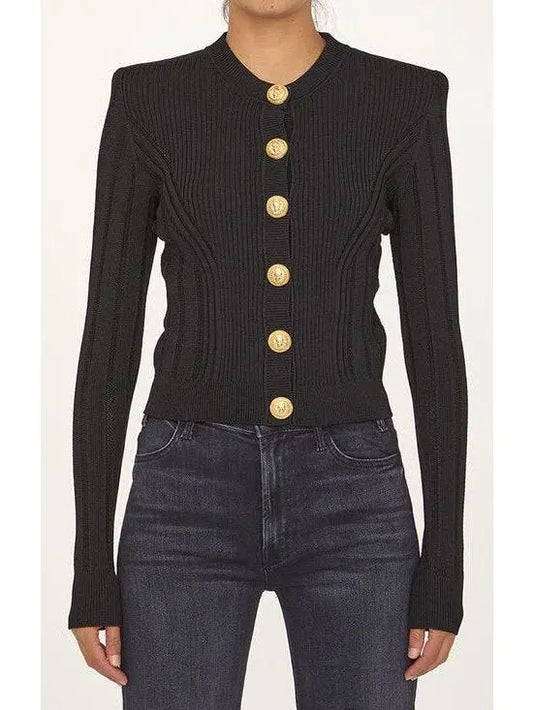 Button Embellished Knitted Cardigan in Black - Branna Couture