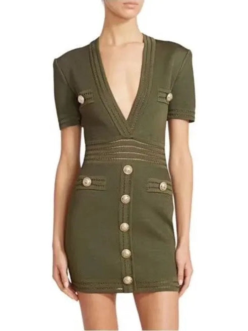 Button-Embellished V-Neck Mini Dress, Green - Branna Couture