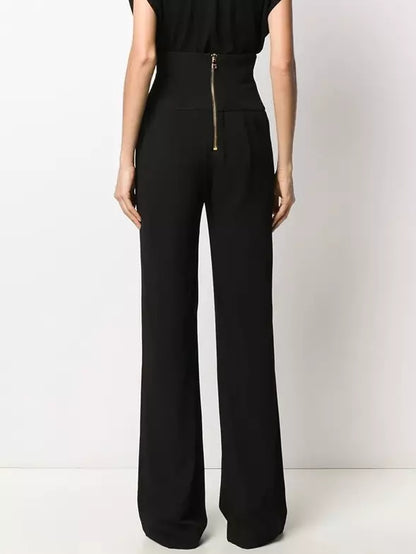 Button-Embellished Crepe Wide-Leg Pants
