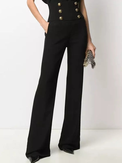 Button-Embellished Crepe Wide-Leg Pants