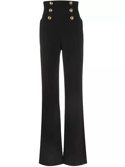 Button-Embellished Crepe Wide-Leg Pants