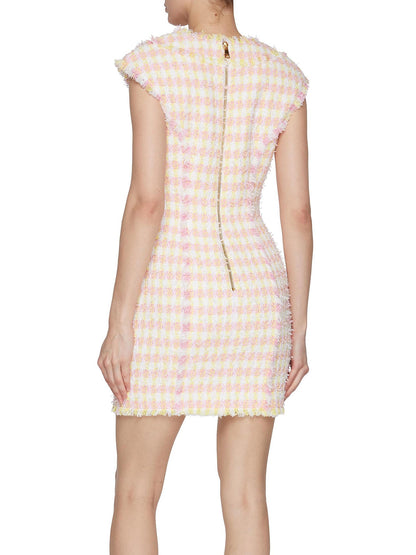 Button-Front Check Tweed Mini Dress - Branna Couture