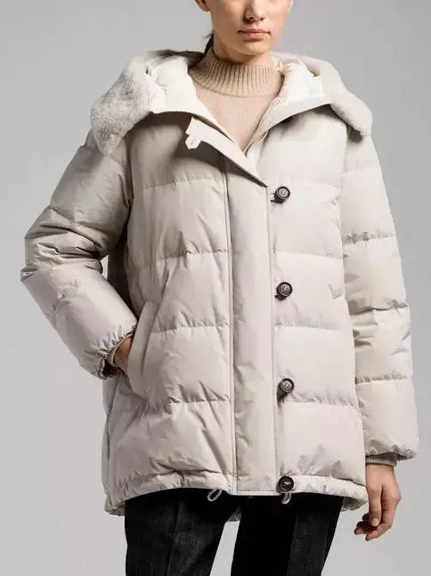 Button-Front Down Jacket with Shearling Collar - Branna Couture