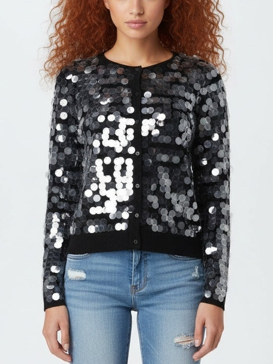 Button-Front Paillette Knit Cardigan