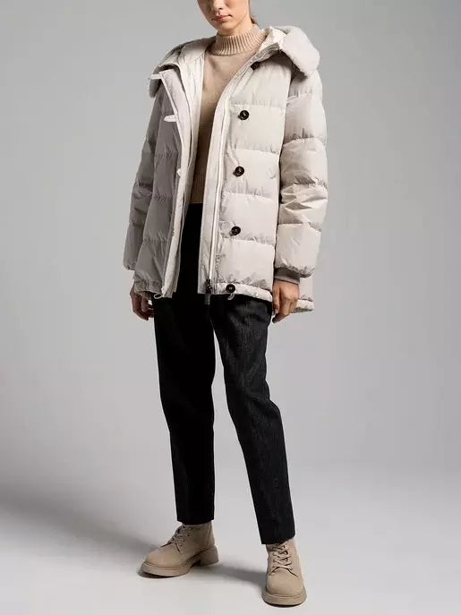 Button-Front Down Jacket with Shearling Collar - Branna Couture