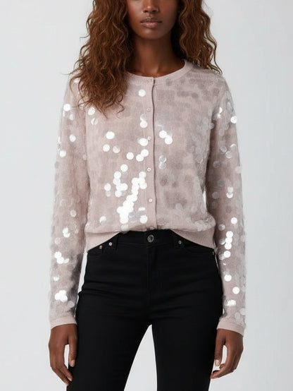 Button-Front Paillette Knit Cardigan