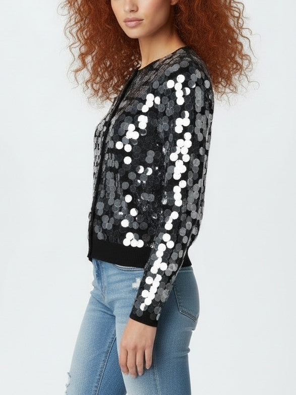 Button-Front Paillette Knit Cardigan
