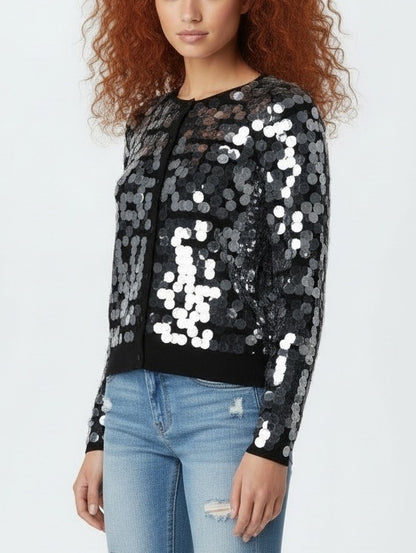 Button-Front Paillette Knit Cardigan