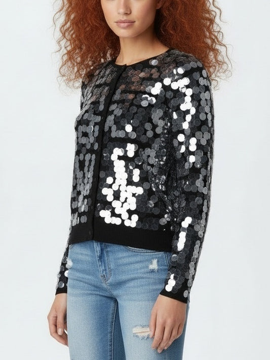 Button-Front Paillette Knit Cardigan