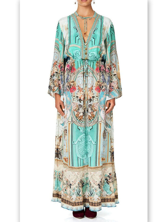 Button-Up Drawstring Celestial Print Silk Dress - Branna Couture