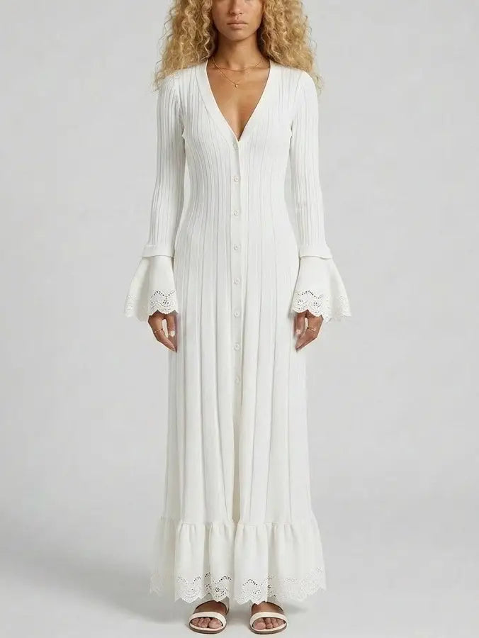 Button Front Ribbed Knit Maxi Dress with Bell Sleeves - S / White - Dresses