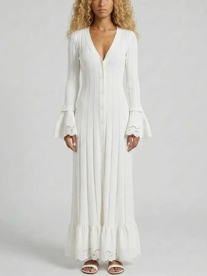 Button Front Ribbed Knit Maxi Dress with Bell Sleeves - S / White - Dresses