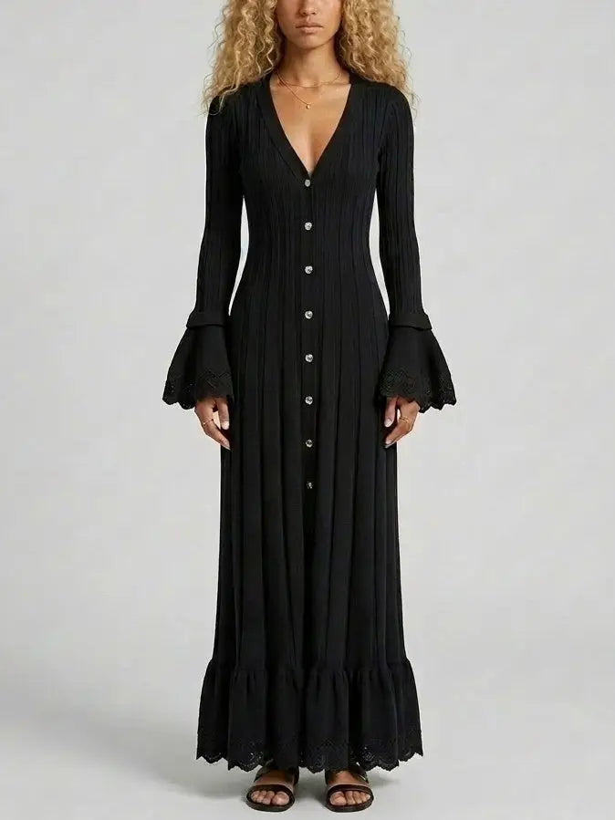 Button Front Ribbed Knit Maxi Dress with Bell Sleeves - Dresses