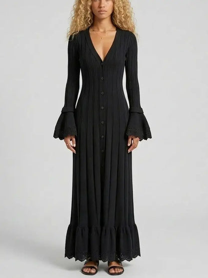Button Front Ribbed Knit Maxi Dress with Bell Sleeves - Dresses