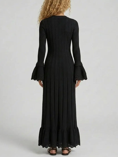Button Front Ribbed Knit Maxi Dress with Bell Sleeves - Dresses