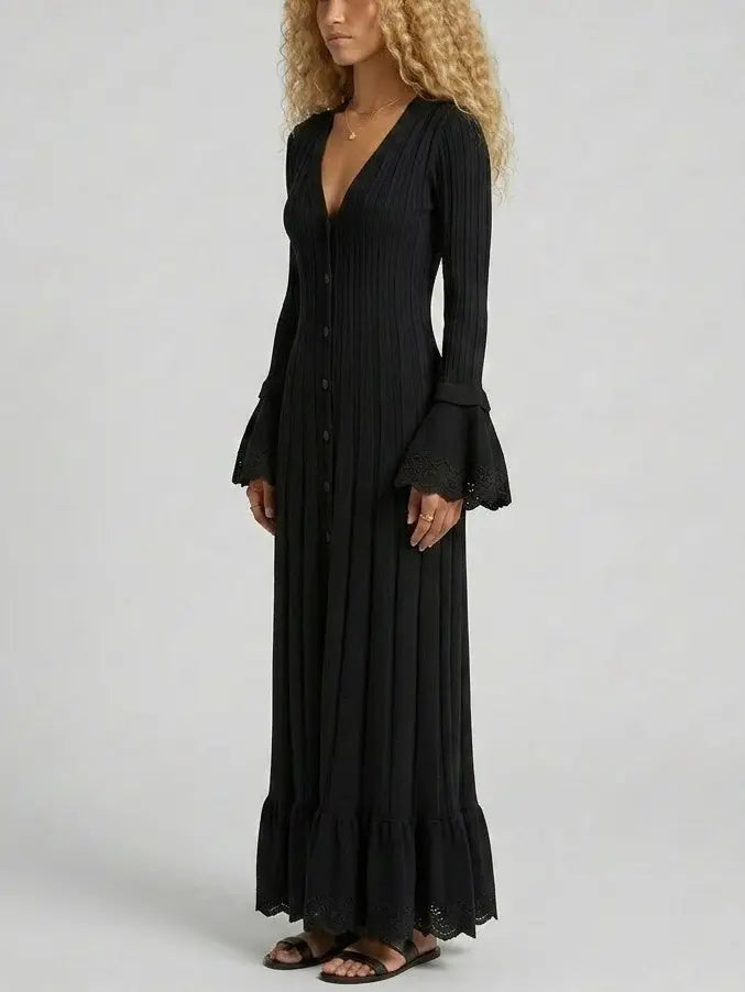 Button Front Ribbed Knit Maxi Dress with Bell Sleeves - Dresses