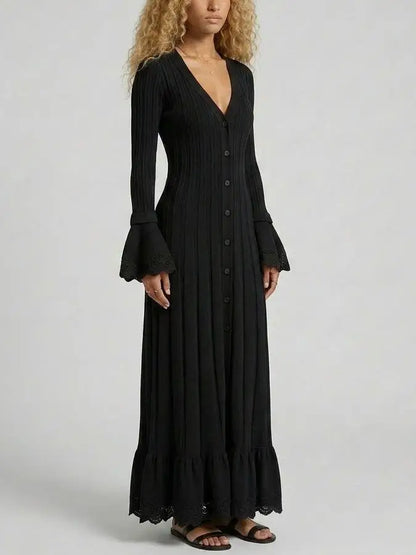 Button Front Ribbed Knit Maxi Dress with Bell Sleeves - Dresses
