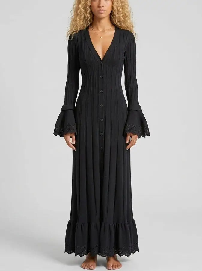 Button Front Ribbed Knit Maxi Dress with Bell Sleeves - S / Black - Dresses