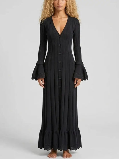 Button Front Ribbed Knit Maxi Dress with Bell Sleeves - S / Black - Dresses