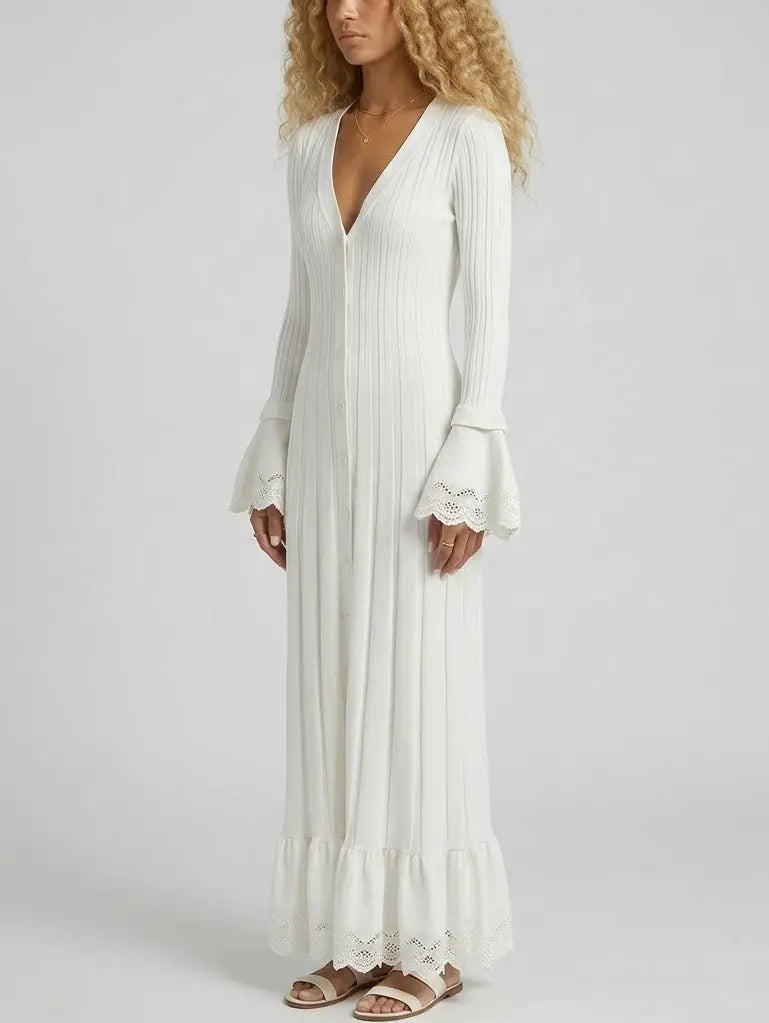 Button Front Ribbed Knit Maxi Dress with Bell Sleeves - Dresses