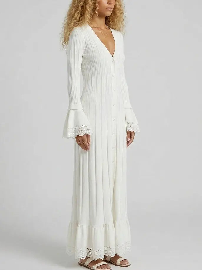 Button Front Ribbed Knit Maxi Dress with Bell Sleeves - Dresses