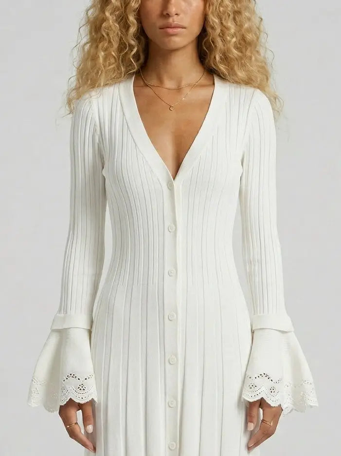 Button Front Ribbed Knit Maxi Dress with Bell Sleeves - Dresses