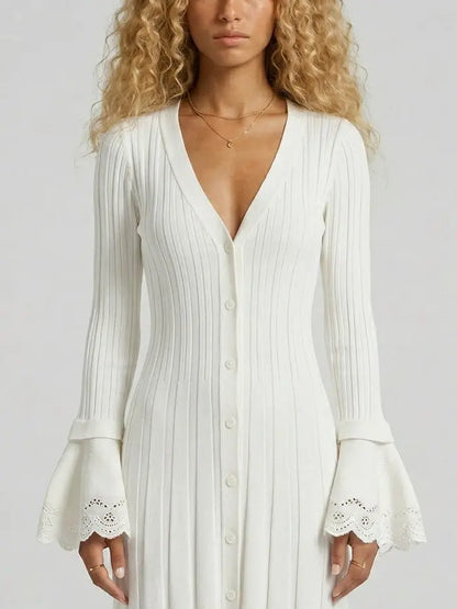 Button Front Ribbed Knit Maxi Dress with Bell Sleeves - Dresses