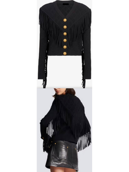 Buttoned Fringed Knit Cardigan - Branna Couture