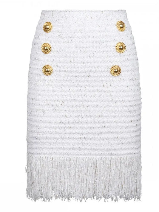 Buttoned Fringed Tweed Mini Skirt - Branna Couture