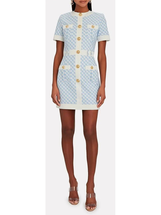 Buttoned Gingham Mini Dress - Branna Couture