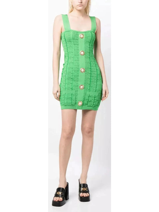 Buttoned Open-Knit Mini Dress, Green - Branna Couture