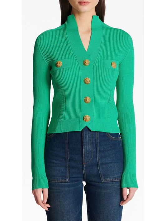 Buttoned Ribbed-Knit Cardigan in Green - Branna Couture