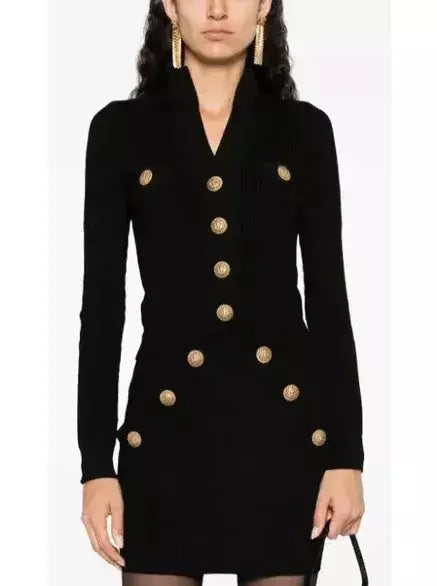 Buttoned Ribbed-Knit Cardigan, Black Branna Couture